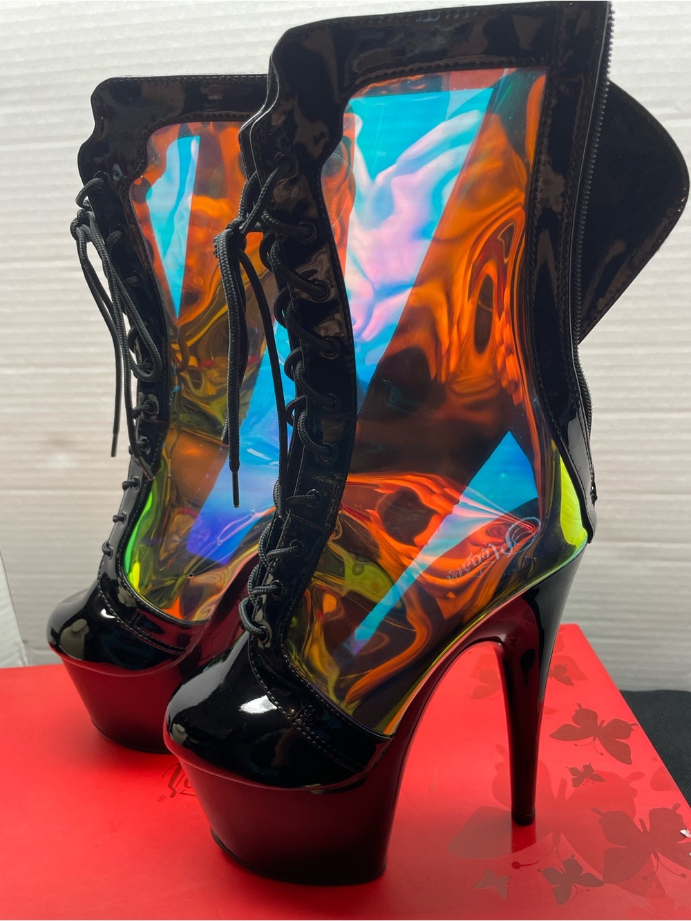 Adore Black Patent Holographic Multi-Color Platform Lace-Up Boots